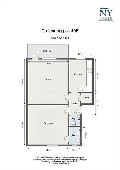 Lys 2-roms leilighet med balkong - Lave felleskostnader